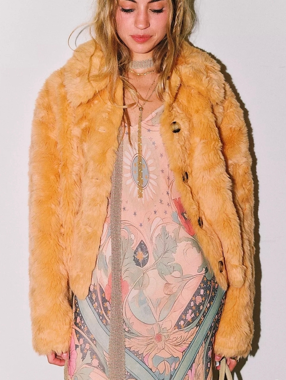 Free People Faux Fur Jacket In Apricot Yellow